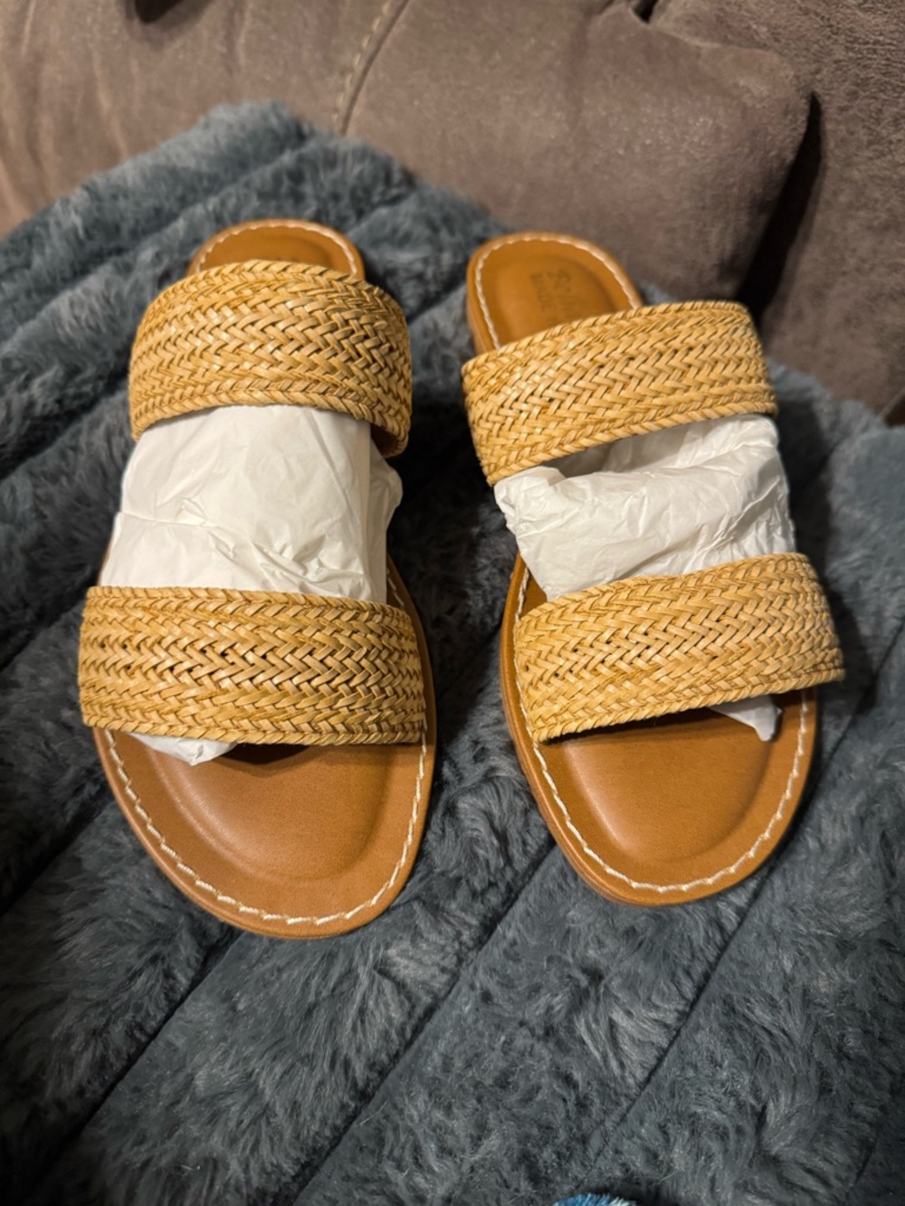 Woven Double-Strap Slide Sandals in brown/tan